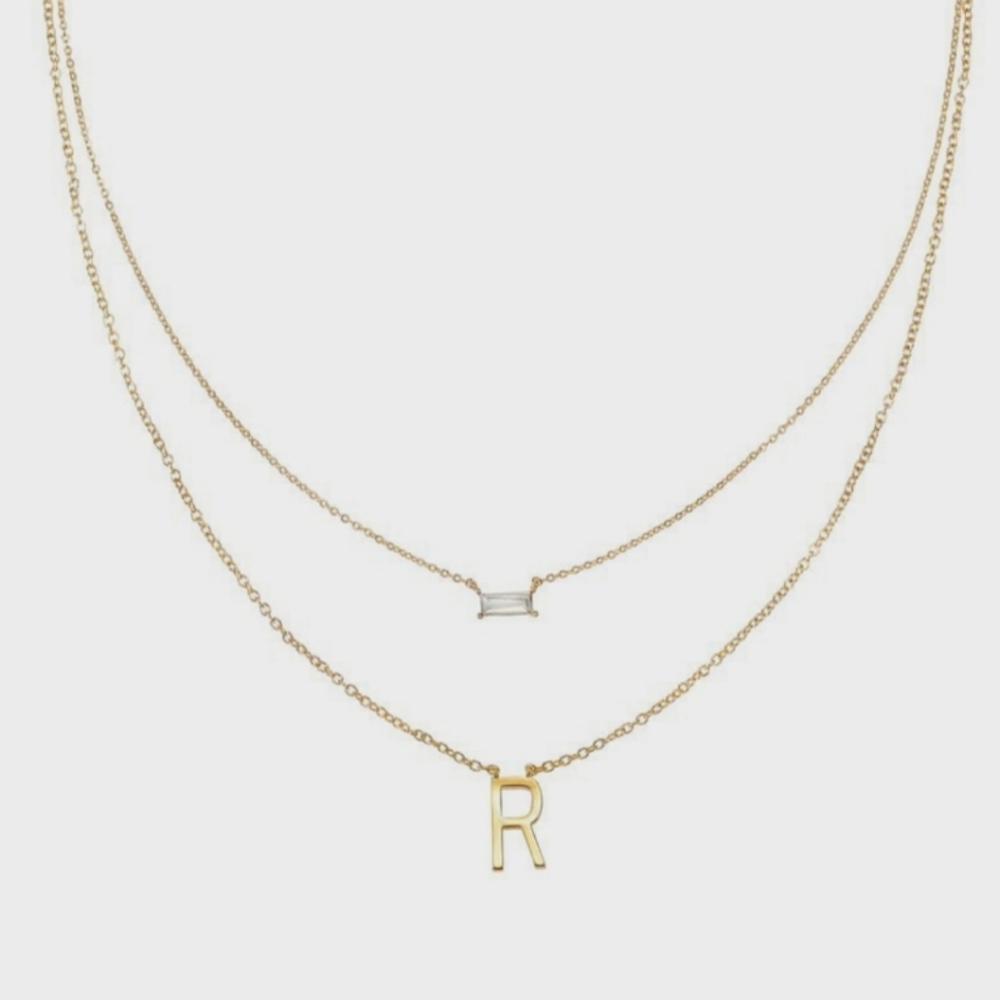 2-piece Necklace Set Gold Tone Initial Letter "R" and Rhinestone Baguette